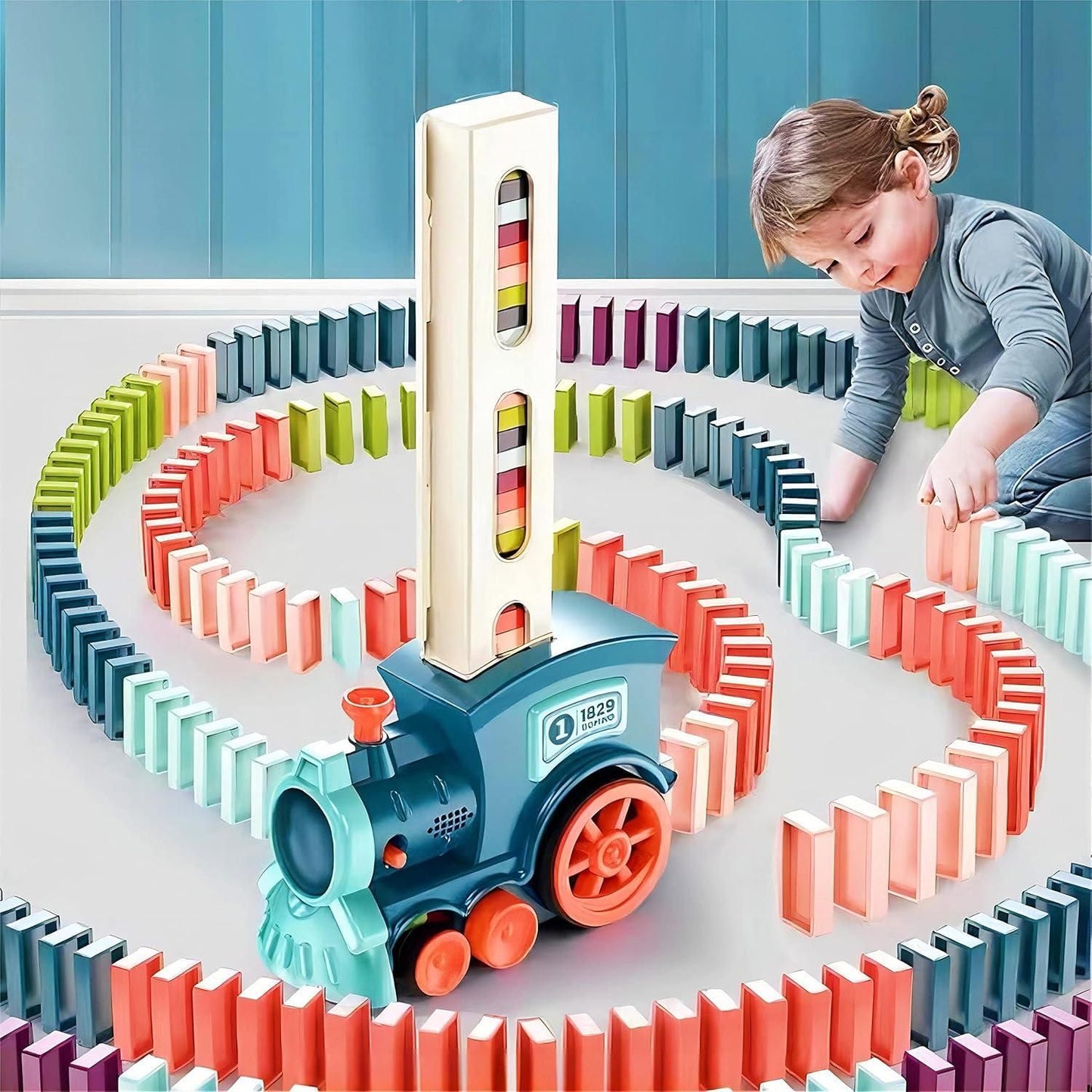Kids Domino Train Car Set Sound Light Automatic Laying Domino Brick